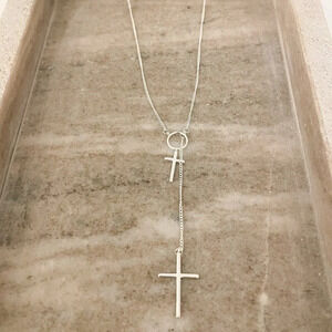 925 Sterling Silver Lariat Cross Necklace Cross Chain Long Drop Necklace